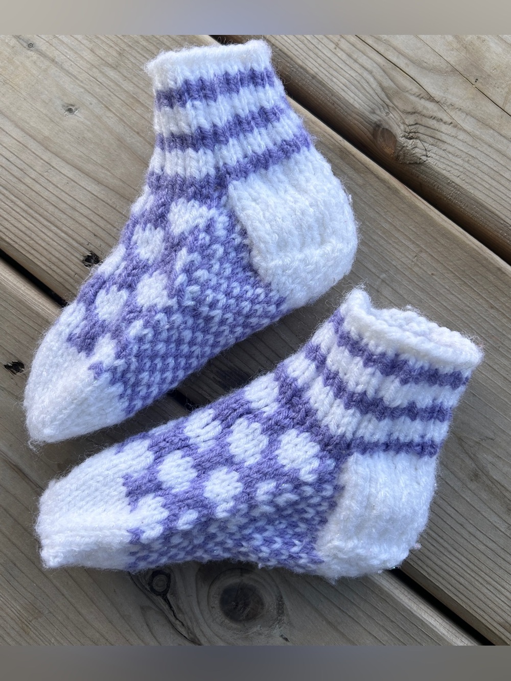 Warm, Hand Knitted Wool-Blend Toddler Socks/ Slippers in Purple & Cream
